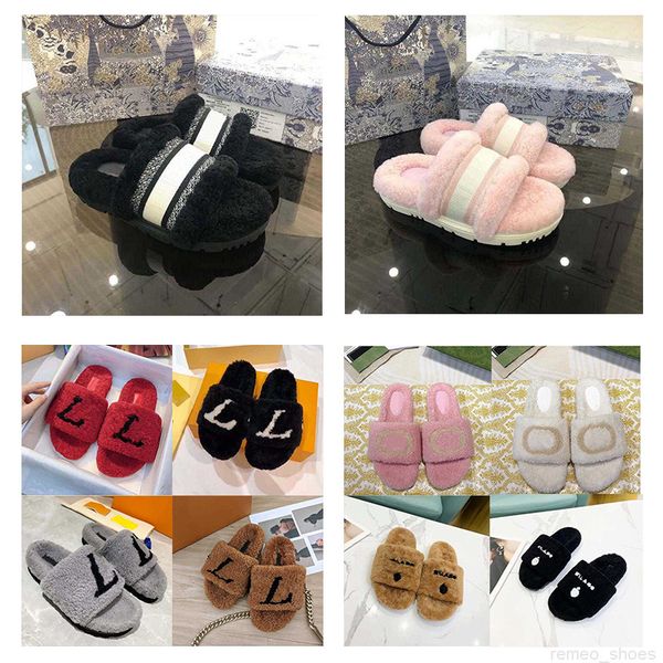 

2022 designers womens slippers oran woolskin luxury fluffy slipper ladies indoor warm furry flip flops women amazing plush fur slides spring, Black
