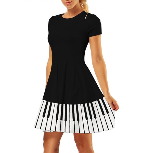

new summer women dresses casual 3d printed creative piano dress short sleeves strap midi a-line dress vestidos robe femme y0118, Black;gray