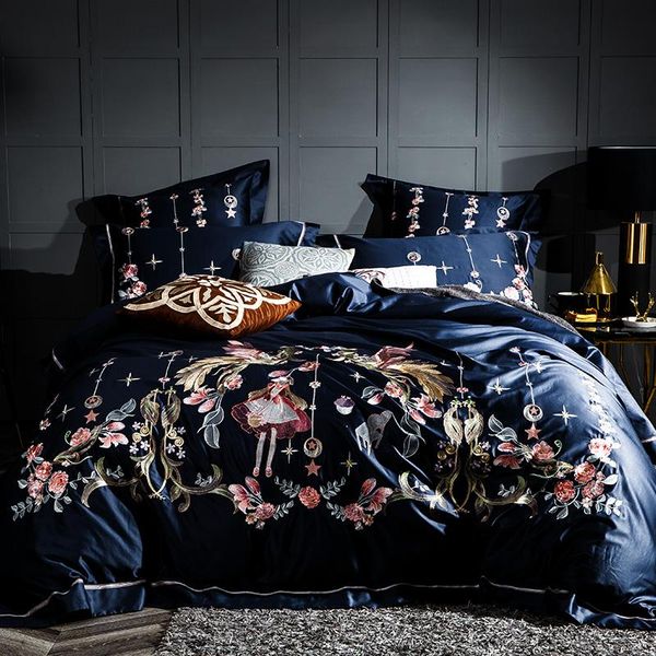 

4/6piece super luxury egyptian cotton bedding set embroidered blue purple duvet cover  king size woman parure de lit adulte