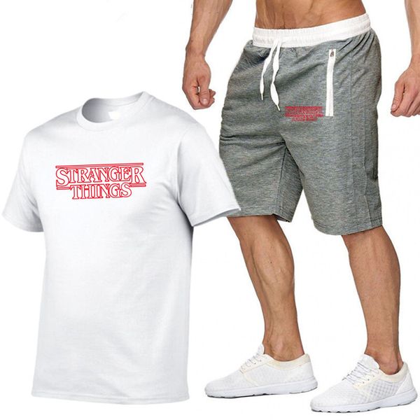 

summer short sets stranger thing sportswear tracksuit cotton t-shirt+shorts casual hip hop print brand clothing 1004, Gray