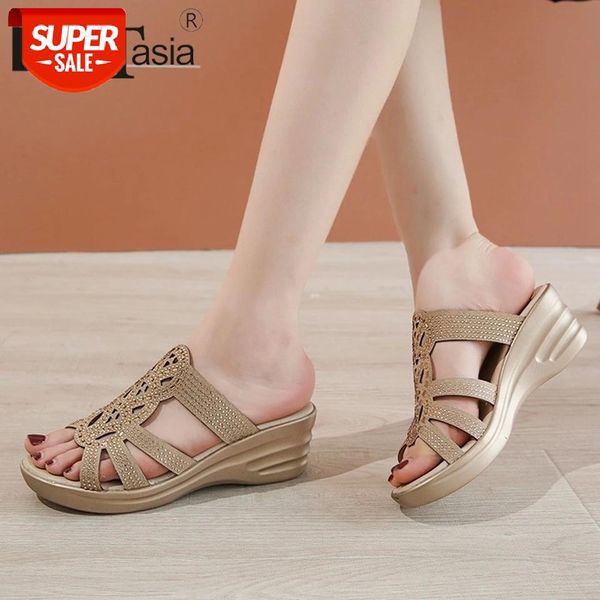 

doratasia new mature high wedges slippers summer crystal slippers women elegant hollow platform shoes woman #sc5n, Black