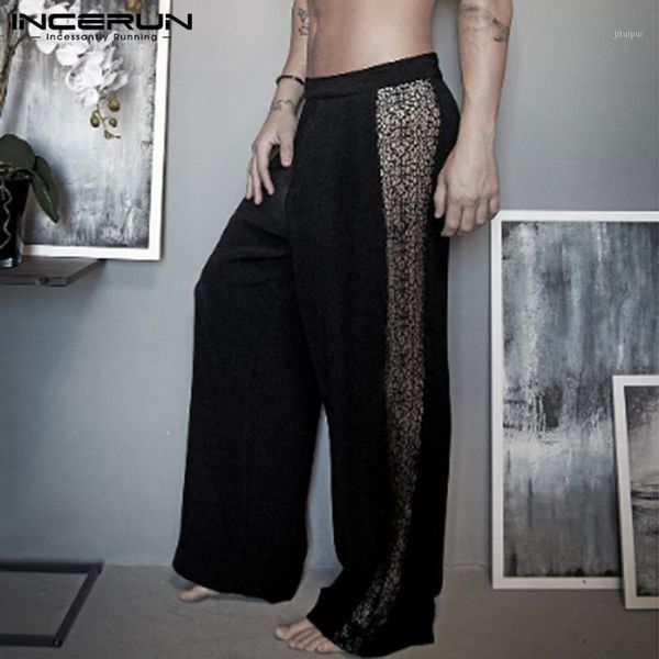 

men fashion patchwork pants incerun loose lace wide leg trousers men leisure elastic pantalon clubwear pants streetwear 5xl1, Black