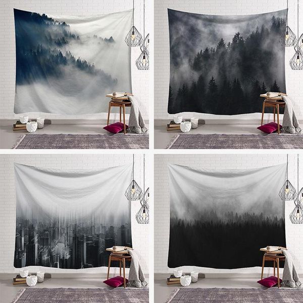 

tapestries mountains tapestry starry sky chinese ink style urban forest wall hanging star dorm decor blanket1