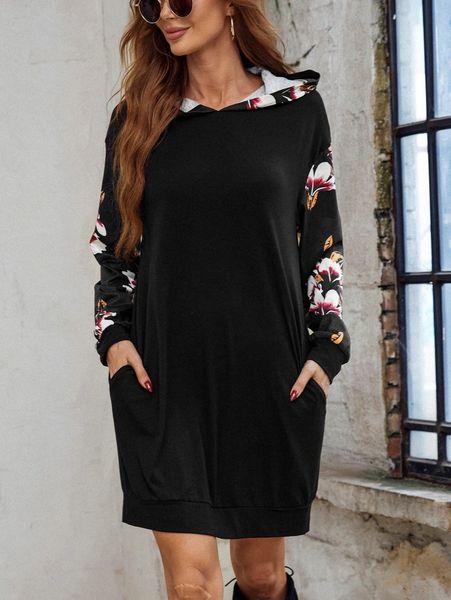 

floral print drop shoulder hoodie dress o6ix#, White;black