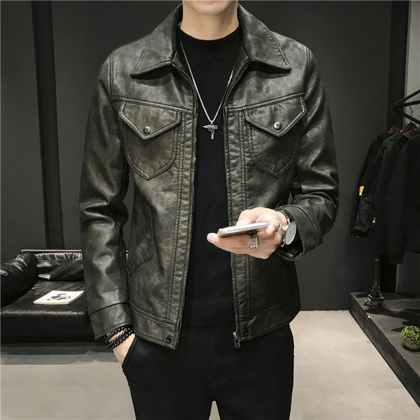 

fall 2020 new star same leather coat men's korean fashion solid color slim leather jacket fit youth trend jacket 9hof6, Blue