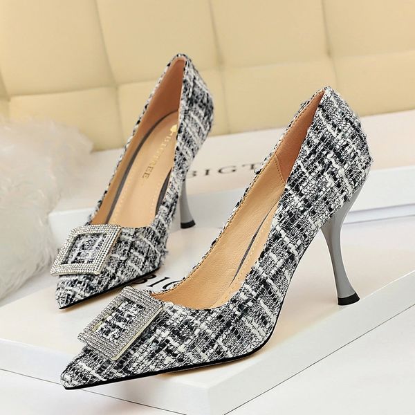 

bigtree weave pump women mixed color high heels shoes luxury buckle slip on slide shallow pointed toe stilettos fashion mujer #1s96, Black