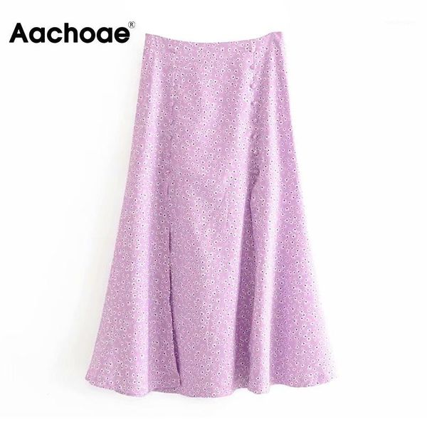 

sweet long split skirt women floral print vintage casual midi skirt high waist a line buttons stylish skirts jupe femme 20201, Black