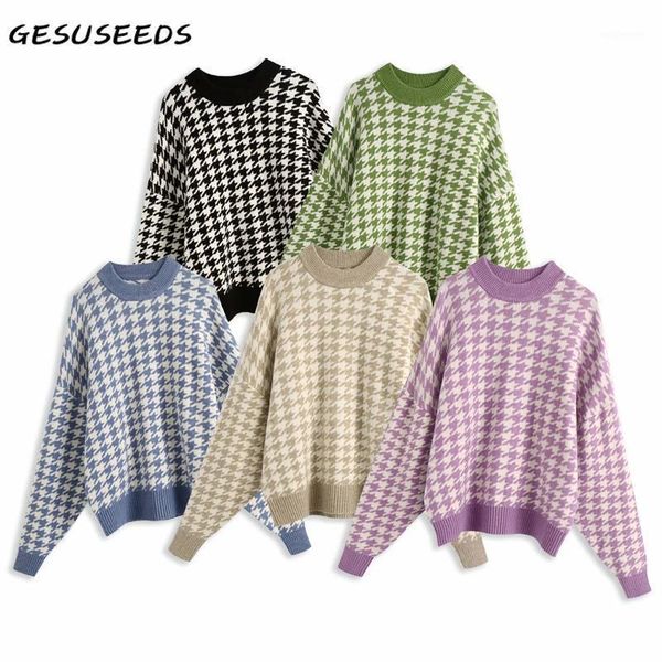 

women's sweaters vintage sweater women 2021 long sleeve pullover korean o neck oversized houndstooth green purple blue fall1, White;black