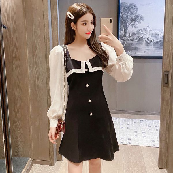 

осень 2020 новый французский контраст квадратных шеи a-линии с длинным рукавом хепберн маленькое черное платье платье платье cvtfu, Black;gray