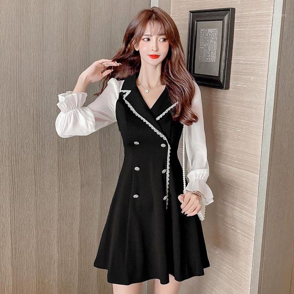 

#5318 black with white blazer dress women double breasted short dress spliced chiffon a-line female elegant spring1, Black;gray