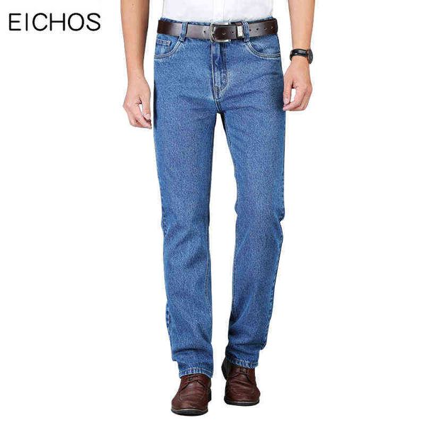 Jeans dos homens novos 100% algodão alta cintura reta jeans azul para homens outono casual denim calças de qualidade macio macacão g0104