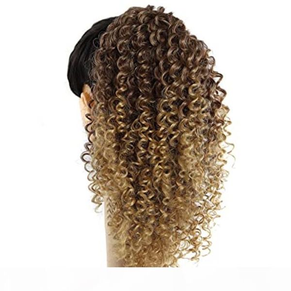 

mongolian kinky curly ombre honey blonde wraps drawstring clip in on ponytail extensions ombre drawstring hair pieces 120g, Black