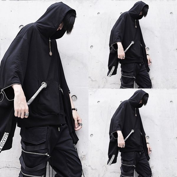 

sj4yu dark relationship ribbon splicing hooded sweater irregular men nsk98 loose men's coat zipperzipper zipper coat pullover, Black