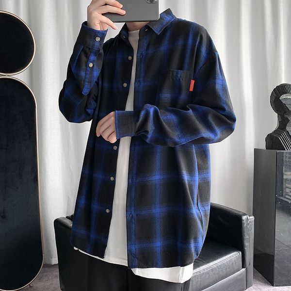 

plaid men's long sleeve 2020 new korean student loose versatile black and white hong kong style shirt coat, White;black