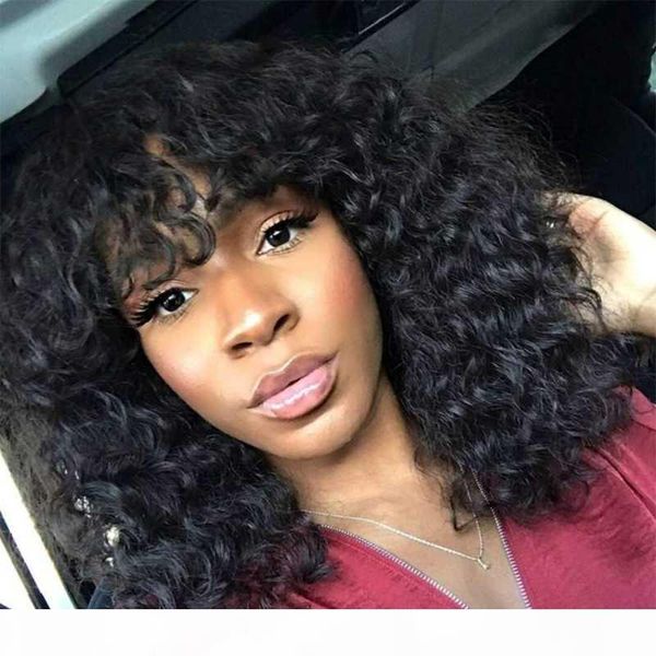 

xumoo remy brazilian hair wigs narutal color loose curly human hair wigs with bang none lace for black women, Black;brown