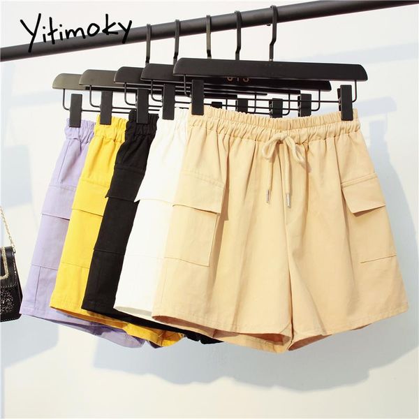 

women's shorts yitimoky cotton women 2021 elastic waist high drawstring black solid loose wide leg casual white, White;black
