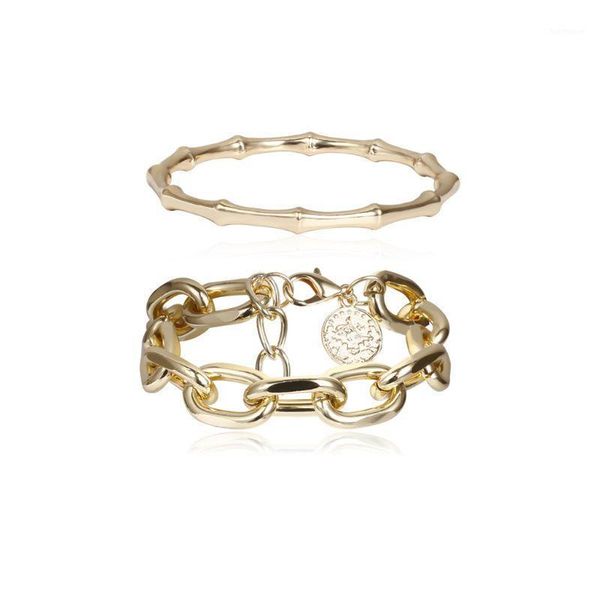 

2Pcs Punk Metal Bamboo Bracelet Coin Disc Charm Chunky Link Chain Bangle Women1, Black