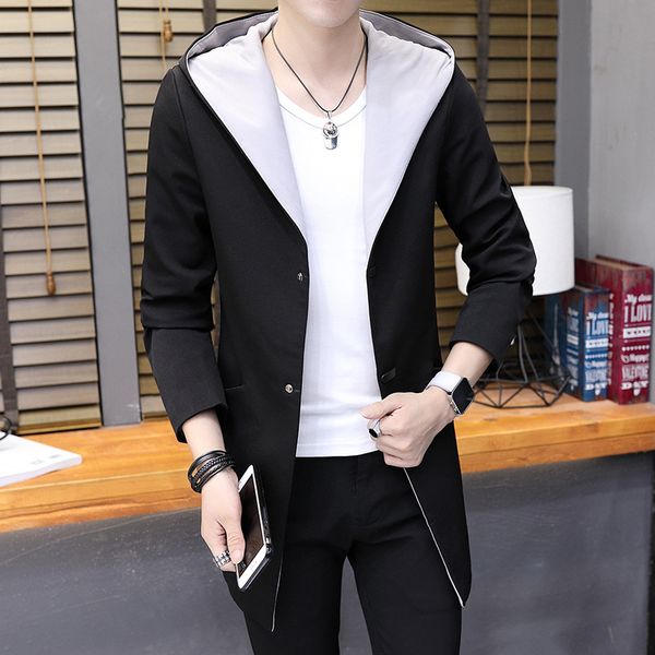 

autumn casual korean slim hooded medium length windbreaker men's fashion versatile coat, Tan;black