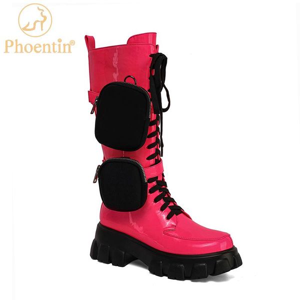 

phoentin pink pocket motorcycle boots knee high platform 2021 brand women boots cool street lace up ladies shoes with zip ft1216, Black