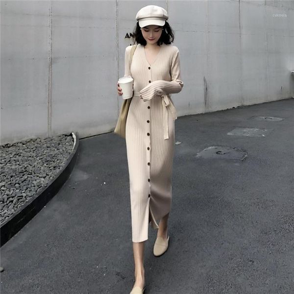 

winter women dress 2020 solid v-neck autumn winter knitting dress women accept waist temperament female long sweater1, Black;gray