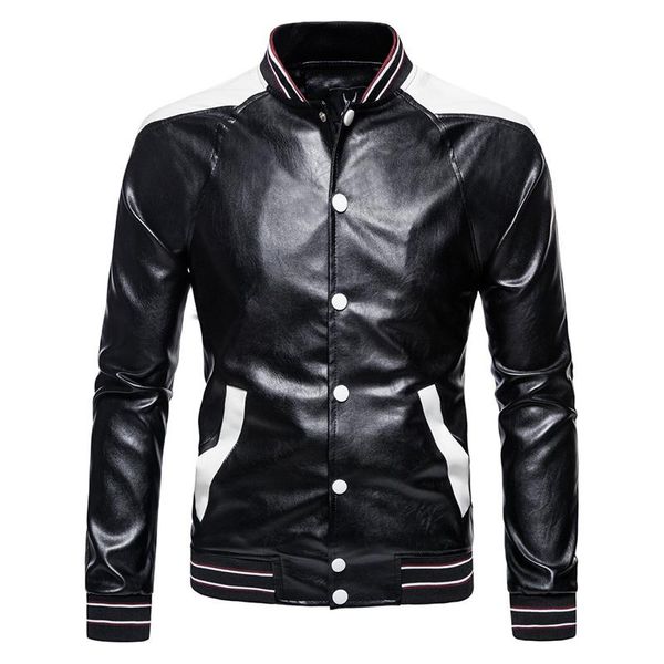 

new mens vintage motorcycle jacket baseball collar fashion biker leather jacket men patchwork pu overcoat jaqueta de couro, Black