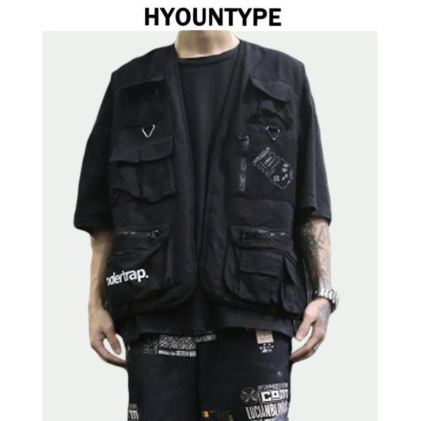 

high street pockets vests men letter cargo waistcoat zipper jacket 2020 new hip hop streetwear tactical vest sweatshirt, Black;white