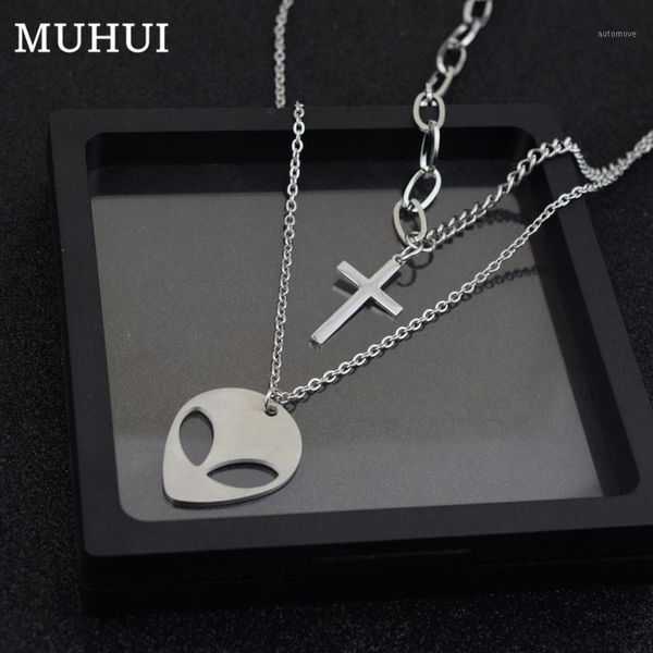

stainless steel alien cross pendant double chain long necklaces for women dj hip hop street necklace men jewelry never fade1, Silver