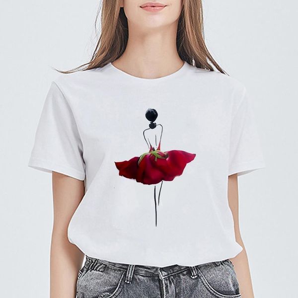 

new kawaii graphic summer intellectual elegant print t shirt harajuku t-shirts casual t-shirt rose petal vestidos women, White