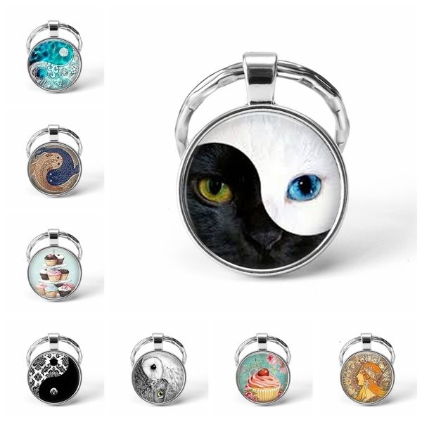 

art tai chi glass cabochon pendant key chain yin yang jewelry fashion metal keychain for men women birthday gift, Slivery;golden