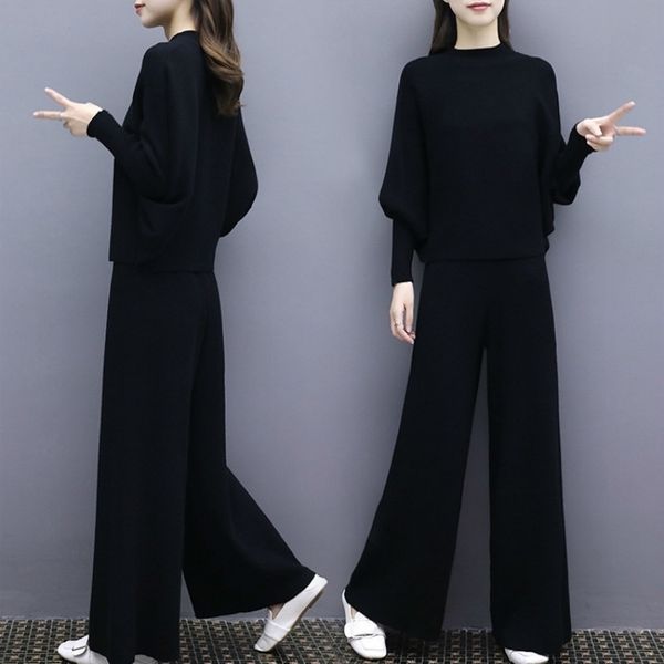 

2 piece set women autumn new fashion women's bat sleeve knit wide leg pants suit female loose large size two-piece female y200110, White