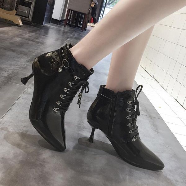 

patent leather ankle boots women high heels boots lace up pointed toe stiletto heel women winter shoes black beige