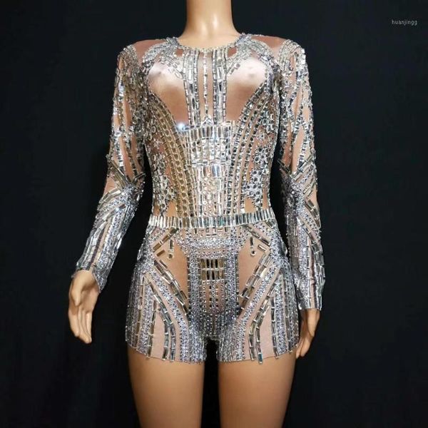 

nightclub crystals elastic bodysuits women party rhinestone jumpsuit jazz dj singer wear pole dance leotard showgirl outfit1, Black;white