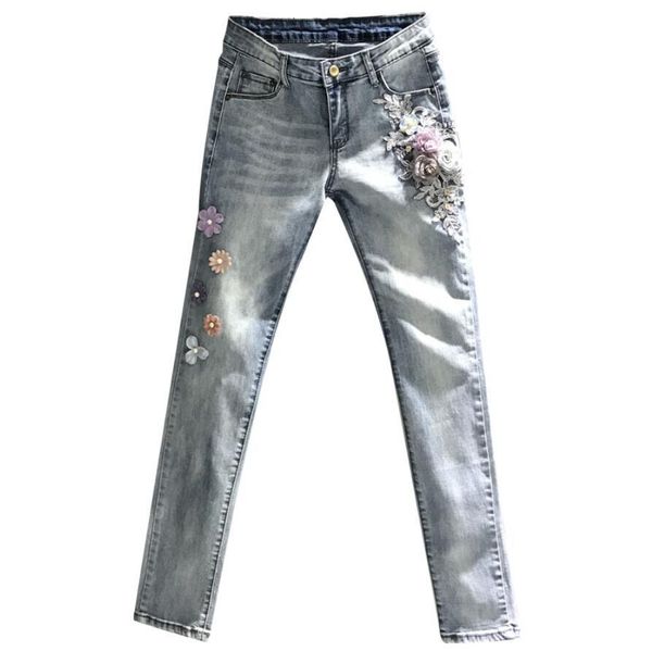 

2021 fahion spring flower embroidered diamond women denim pencil pants thin stretch jeans q693 2ivx, Black;white