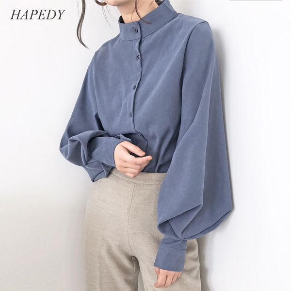 

hapedy fashion women blouse shirt lantern long sleeve women shirts solid stand collar office blouse womens and blouses t200321, White