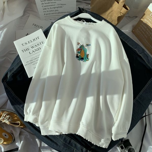 

мультфильм вышивка свободный длинный рукав женщин осень 2020 новый корейский круглый шею перфорированный студент терри шерстяной свитер хлоп, Black