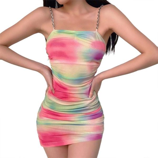 

women's dress tie-dye print chain sling backless bodycon slim mini short dress summer stylish hip holiday party, Black;gray