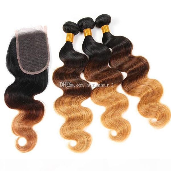 

три тона honey blonde hair с кружевом закрытие 1б 4 27 ombre объемная волна человеческих волос weave с кружевом top closure, Black;brown