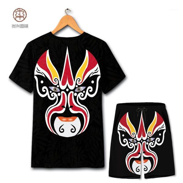 

chinese style peking opera mask printing oversized t shirt and shorts suit summer 2018 hollow breathable quality mens short sets1, Gray