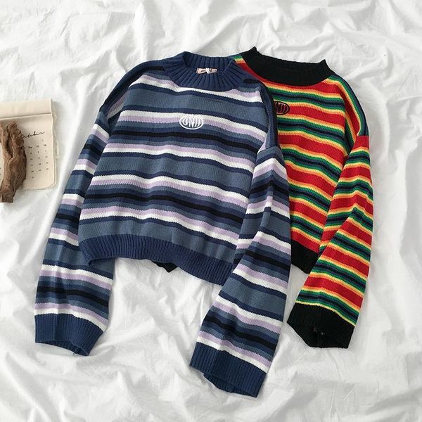 

women sweaters 2021 new harajuku kawaii sweaters cute sweet vintage striped oversize knit pullover sweaters b460, White;black