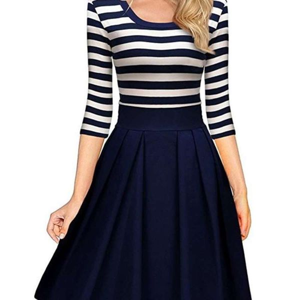 

short skirt sell round summer neck navy stripe 3 / 4 sleeve swing dress, Black;gray