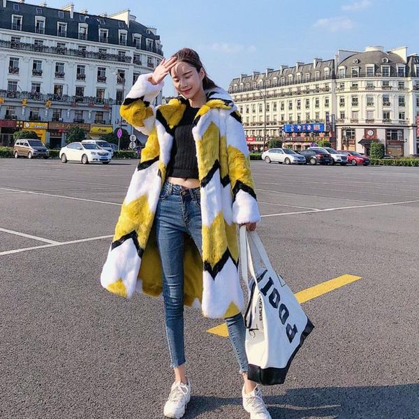 

women's fur & faux beautiful color matching long coat for women winter outerwear girls plush windbreaker abrigos mujer invierno, Black