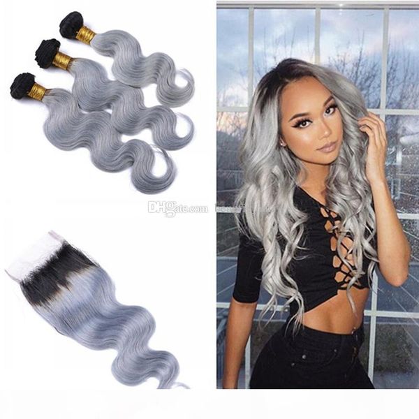 

dark roots 1b grey hair 3 bundles with closure 4x4 body wave peruvian hair weave ombre silver grey hair with lace closure, Black