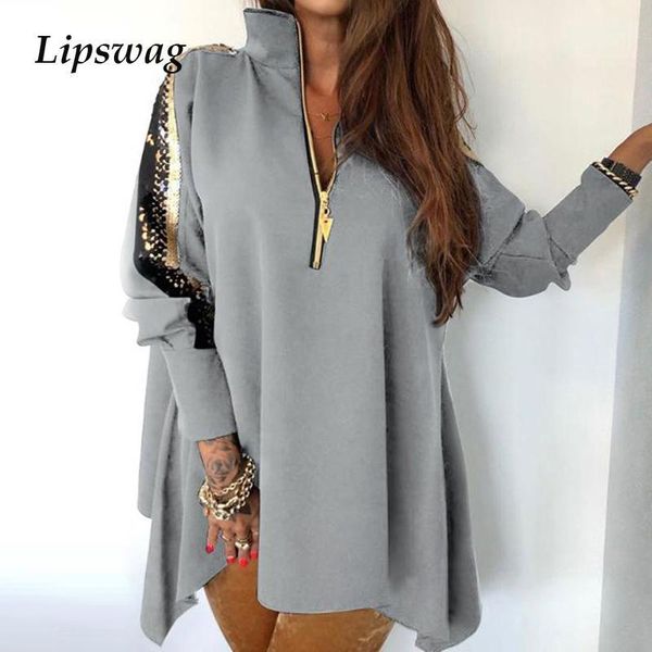 

2020 sequins long sleeve women dress spring summer zipper turn-down collar party dress fashion black/white loose mini1, Black;gray