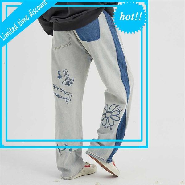

jeans side stripe cute letter print denim pants men youth college style trousers streetwear couple, Black