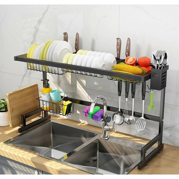 

2 tier stainless steel dish drying rack over sink kitchen cutlery drainer holder