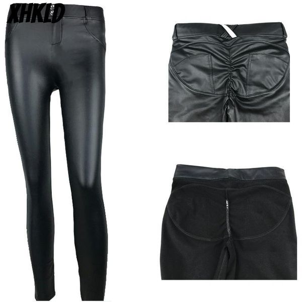 

winter plus size leather pants women peach push up hip female warm up skinny stretch pencil pants pu leather trousers women, Black;white