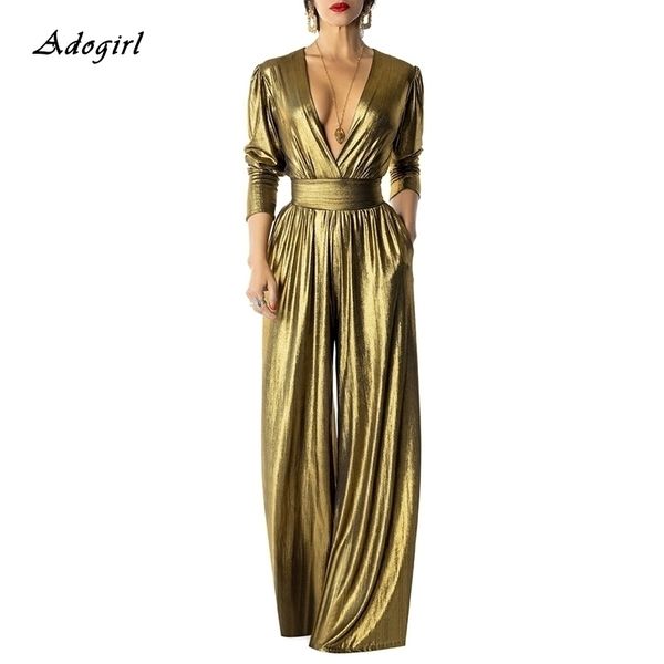 

adogirl elegant glitter wide leg pants jumpsuit women deep v neck long sleeve ruched with pockets party romper club outfits y200422, Black;white