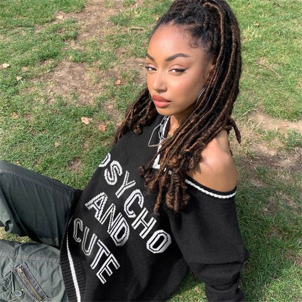 

2020 new letter knit sweater big v-neck cool casual sweater loose long-sleeved all-match irregular cut designer model female size s-l, White;black