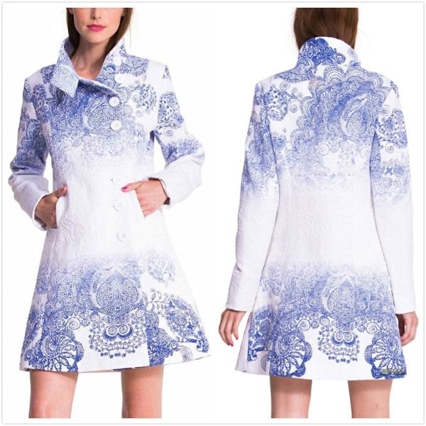 

spain deg blue and white porcelain 2 colors women's national style overcoat 36-46 1031, Tan;black