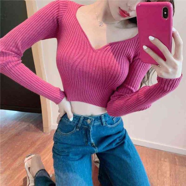 

woman sweaters femme chandails high waist crop tight v-neck knitwear sweater pull hiver, White;black